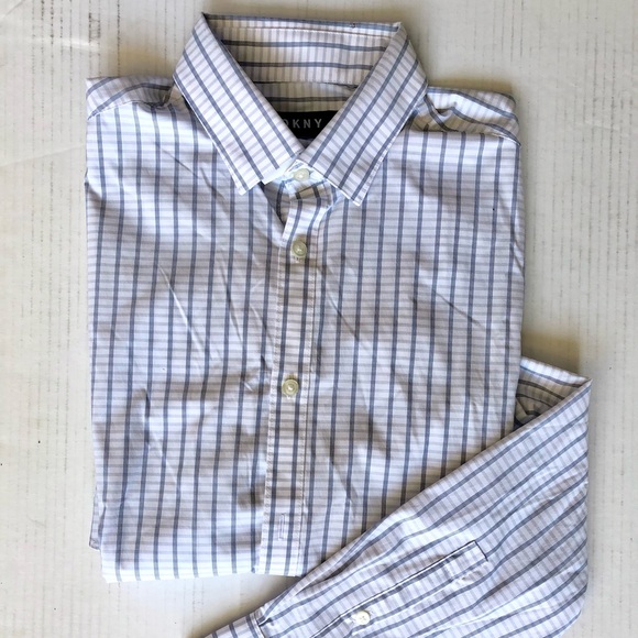 DKNY Men’s Pearl Blue and White Plaid Long Sleeve Dress Shirt, 15- 32/33 - Picture 1 of 4